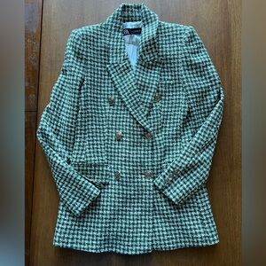 Zara Textured Weave Double-Breasted Blazer in Green Navy Ivory Houndstooth